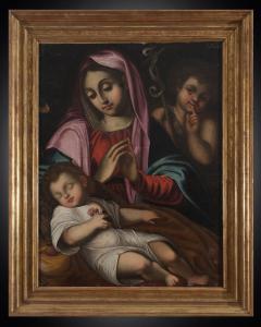 Antiga pintura a óleo sobre tela representando Madonna com Menino adormecido e São João Batista. Bolonha, século XVII.
